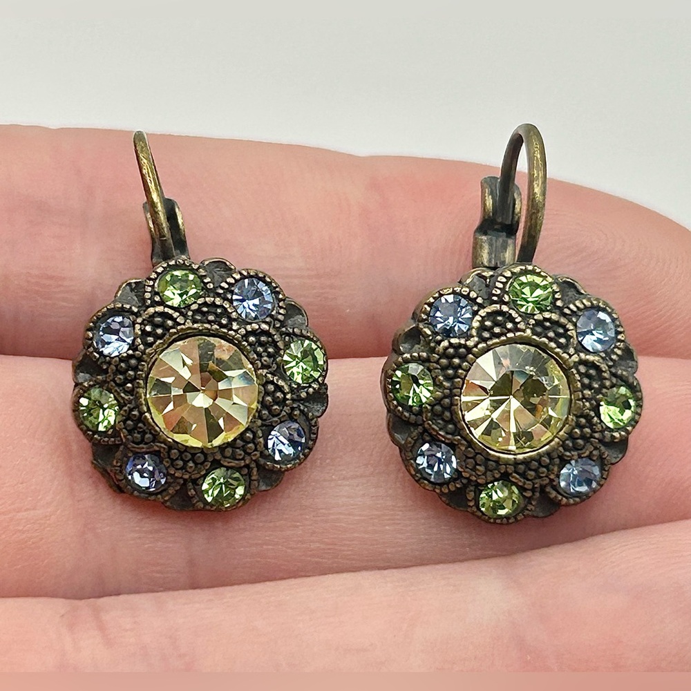 Green and Blue Crystal Studded Oxidized Gold Tone Drop Earrings